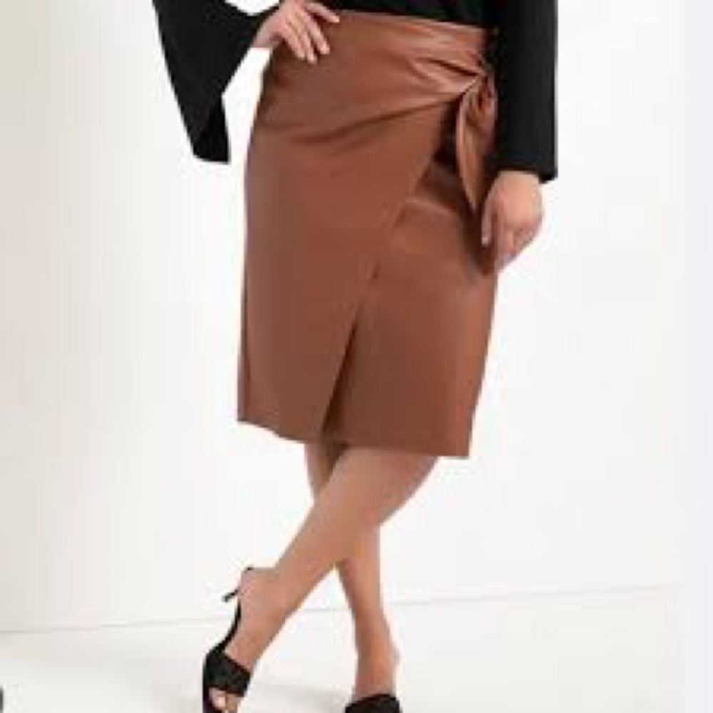 ELOQUII Plus Size 24 Cognac Faux Leather Tie-Front Skirt